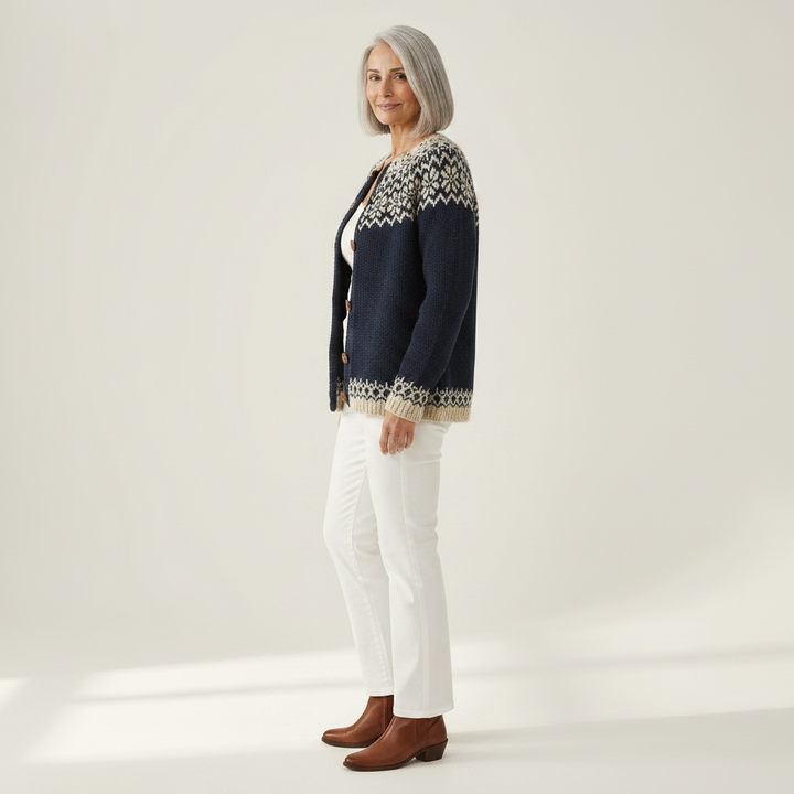 Isla - Navy Snowflake Print Cardigan - View 2