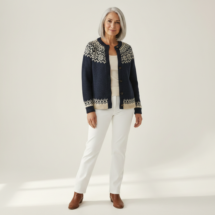 Isla - Navy Snowflake Print Cardigan - View 1