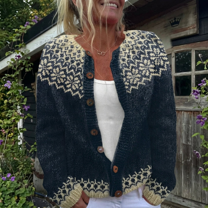 Isla - Navy Snowflake Print Cardigan - Product Photo