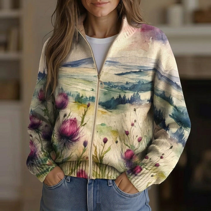 Avery - Scottish Thistle Landscape Zip Cardigan - Product Photo