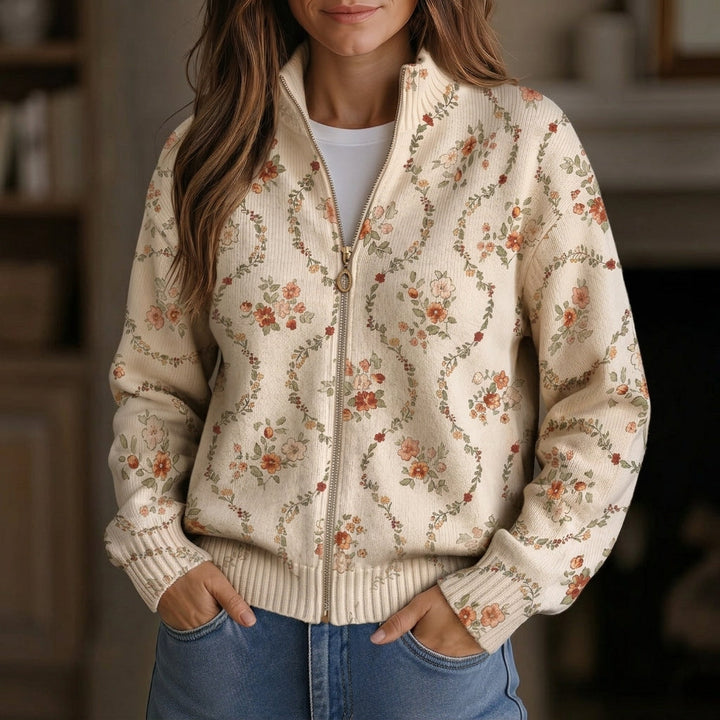 Danielle - Delicate Floral Vine Cream Zip Cardigan - Product Photo