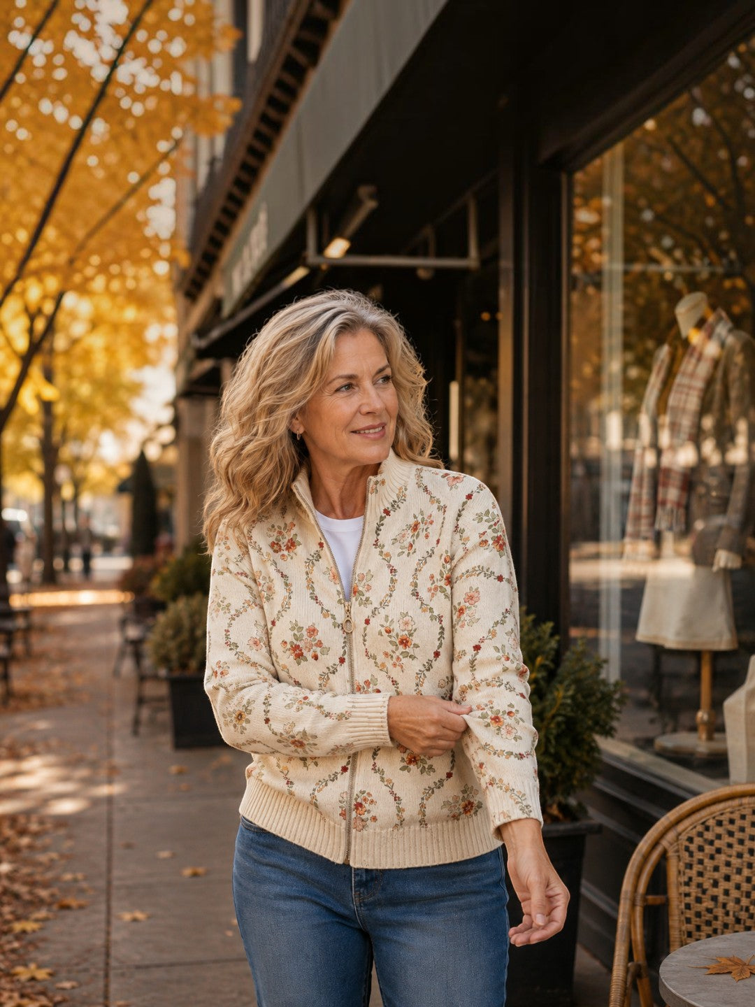 Danielle - Delicate Floral Vine Cream Zip Cardigan - View 6