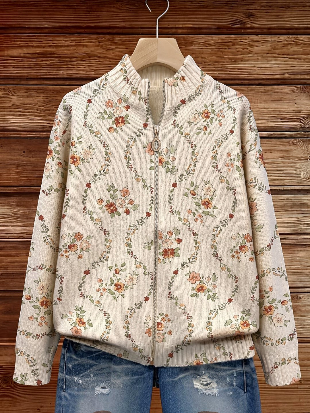 Danielle - Delicate Floral Vine Cream Zip Cardigan - View 7
