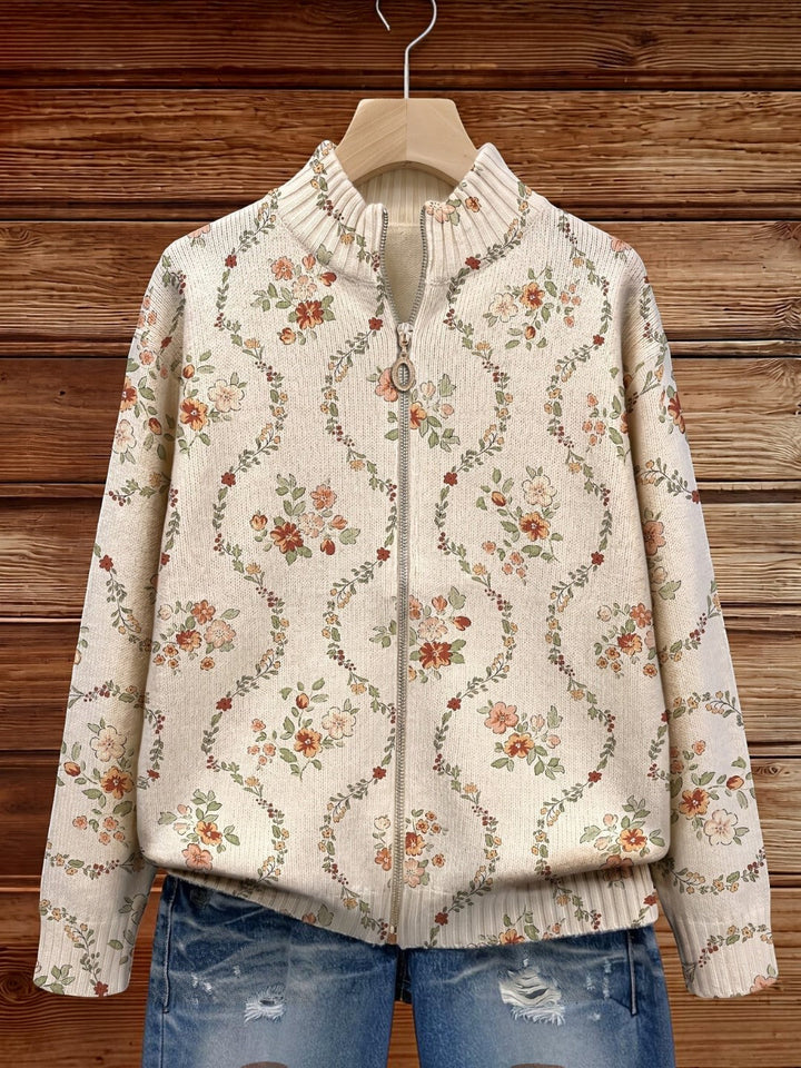 Danielle - Delicate Floral Vine Cream Zip Cardigan - View 7