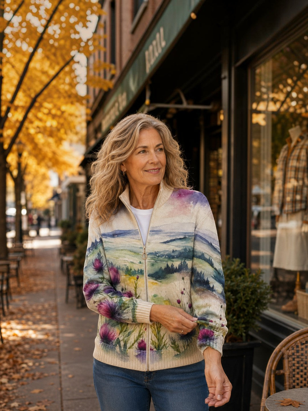 Avery - Scottish Thistle Landscape Zip Cardigan - View 6