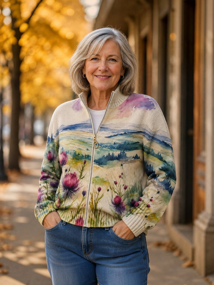 Avery - Scottish Thistle Landscape Zip Cardigan - View 5