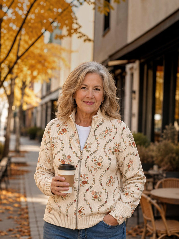 Danielle - Delicate Floral Vine Cream Zip Cardigan - View 5