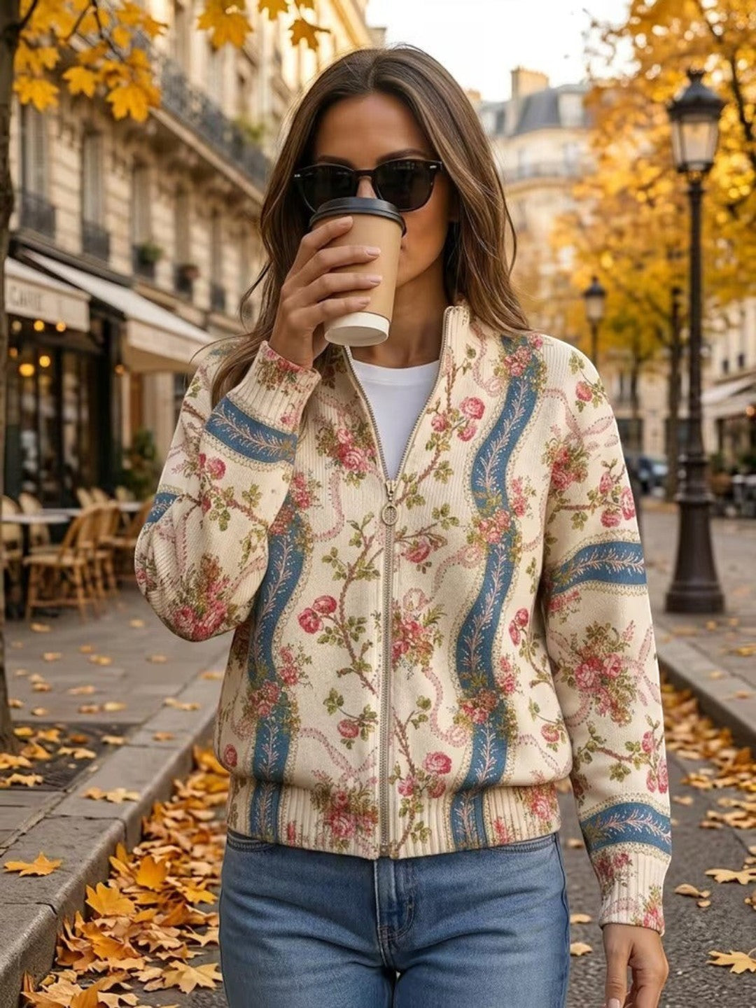 Camila - Climbing Rose Ribbon Zip Cardigan - View 5