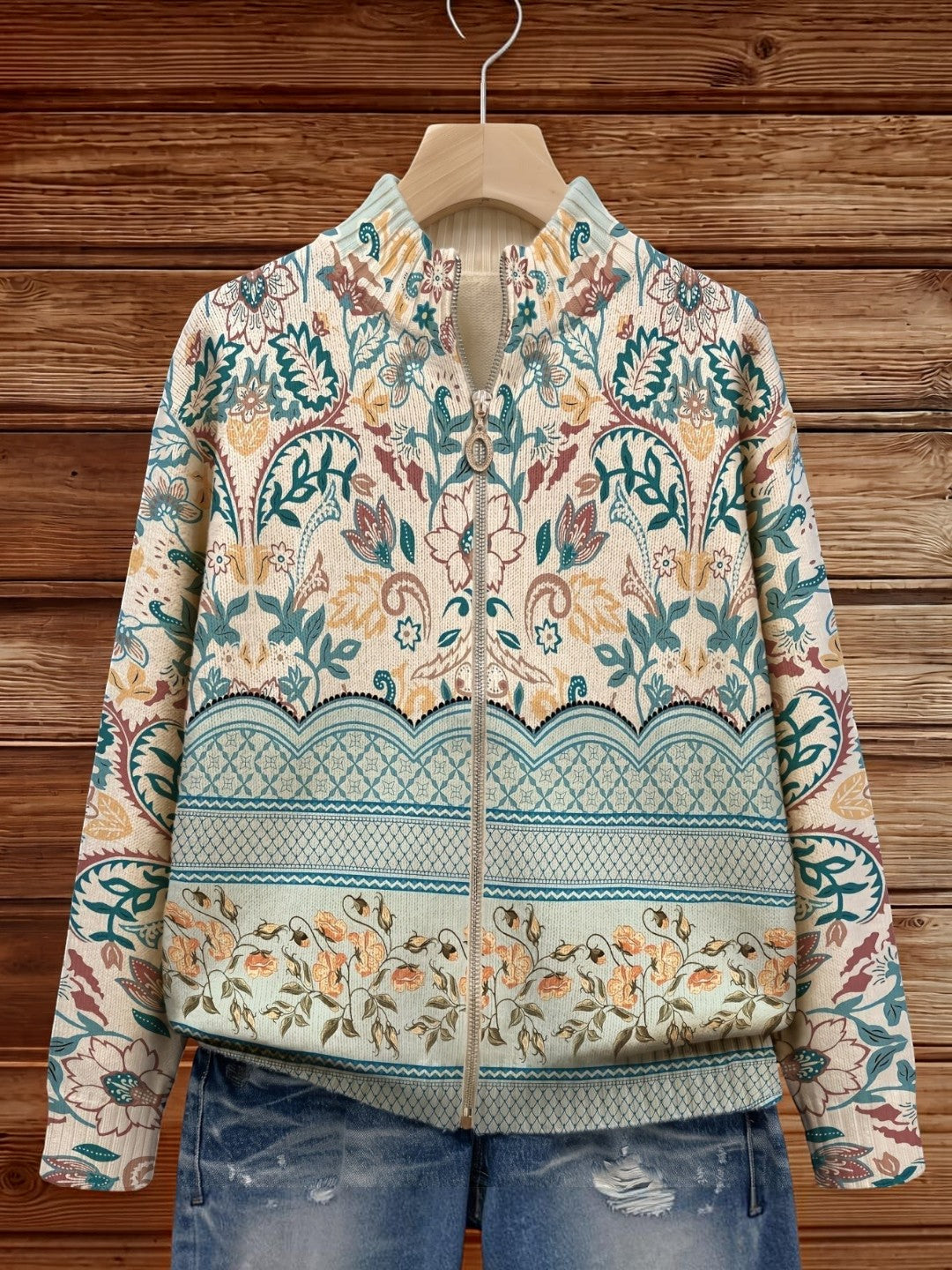 Olivia - Vintage Floral Botanical Border Zip Cardigan - View 5