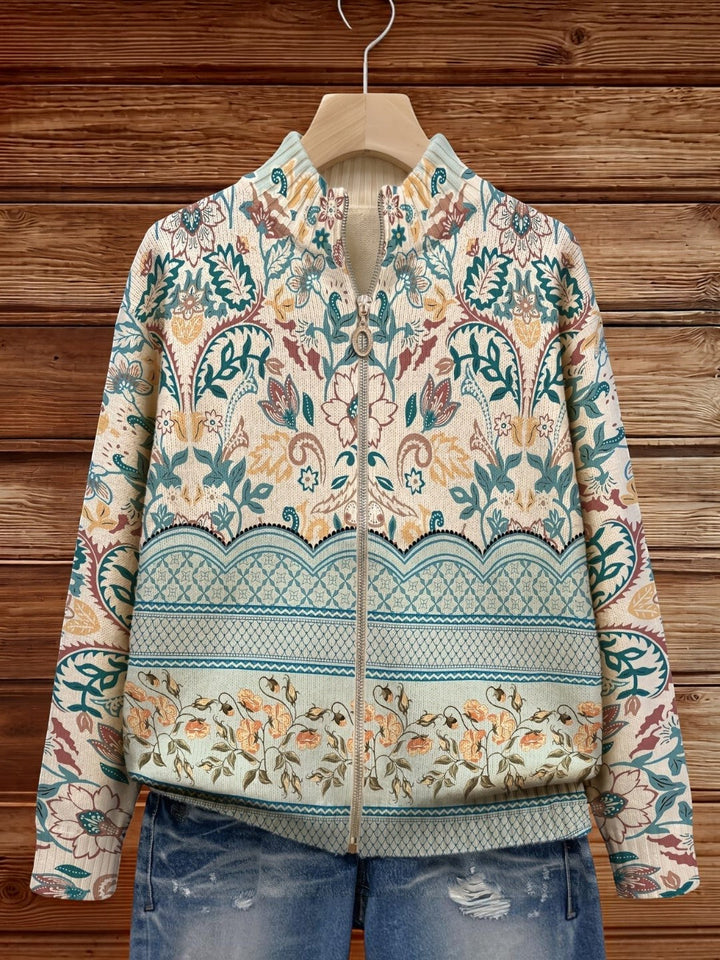 Olivia - Vintage Floral Botanical Border Zip Cardigan - View 5
