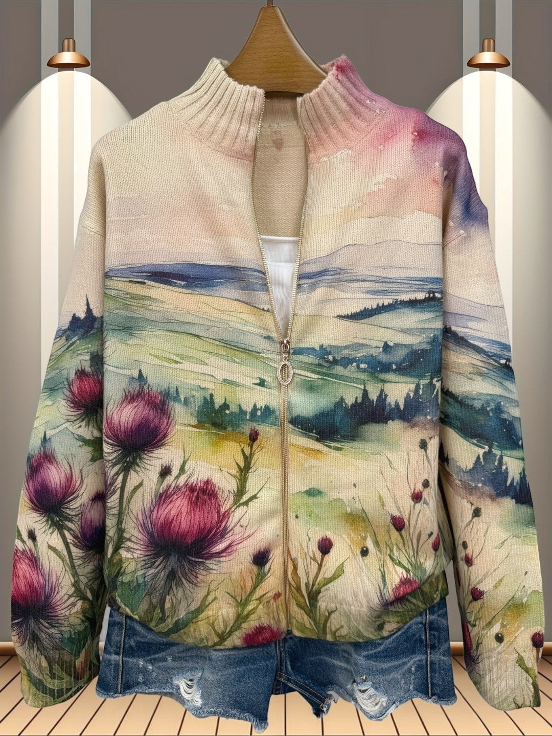 Avery - Scottish Thistle Landscape Zip Cardigan - View 7