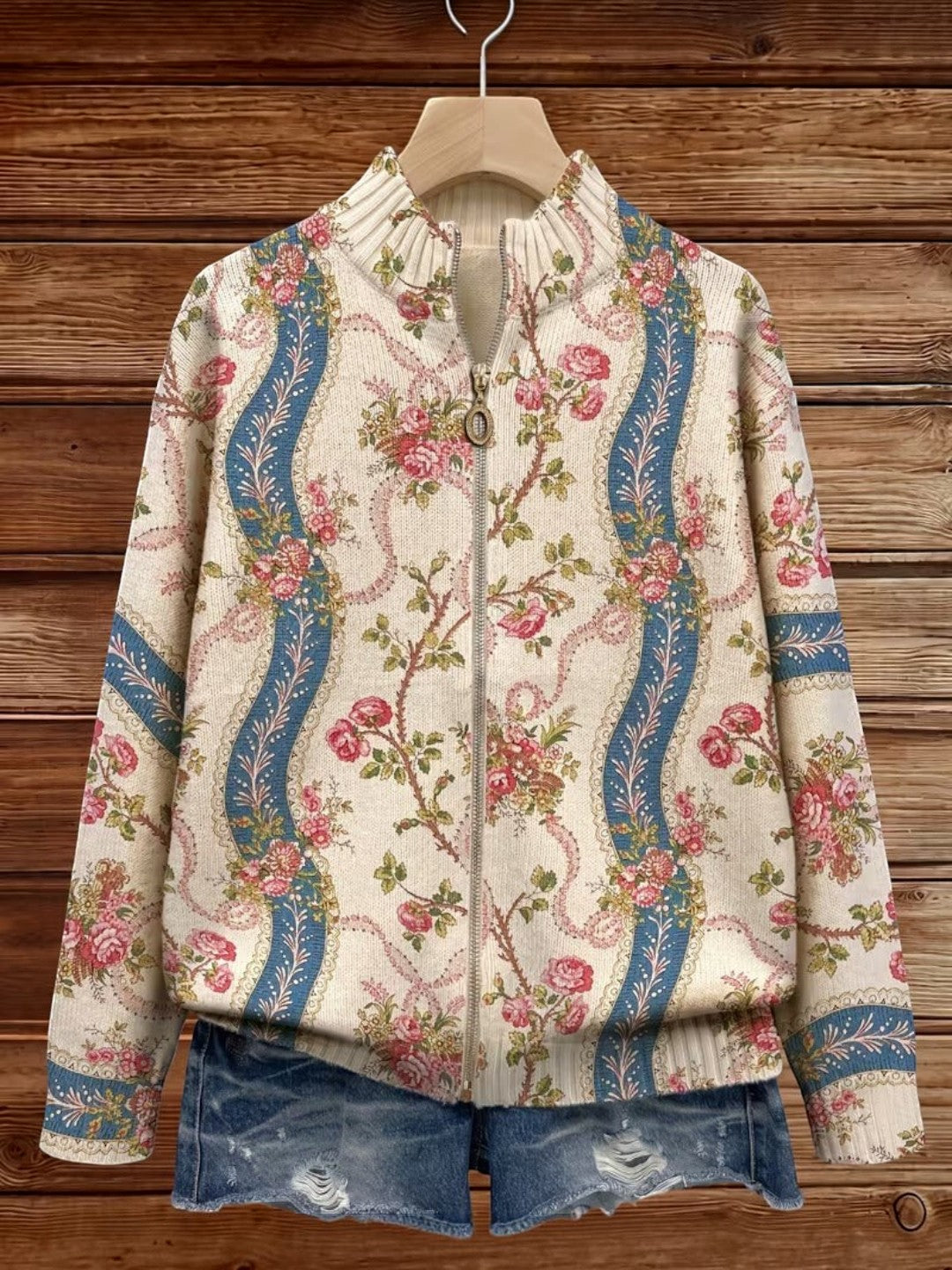 Camila - Climbing Rose Ribbon Zip Cardigan - View 6