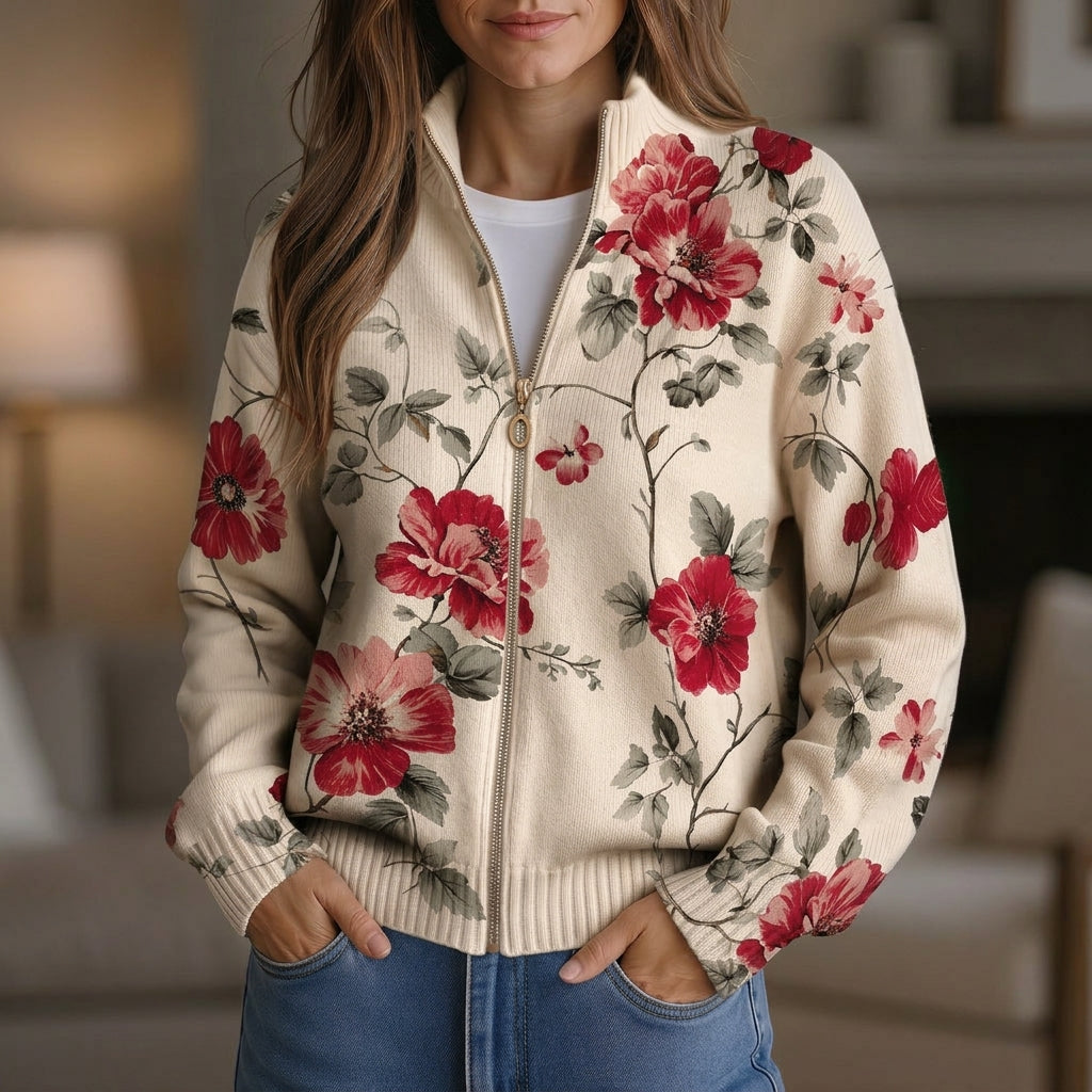Penelope - Vintage Rose Print Zip Cardigan - Product Photo