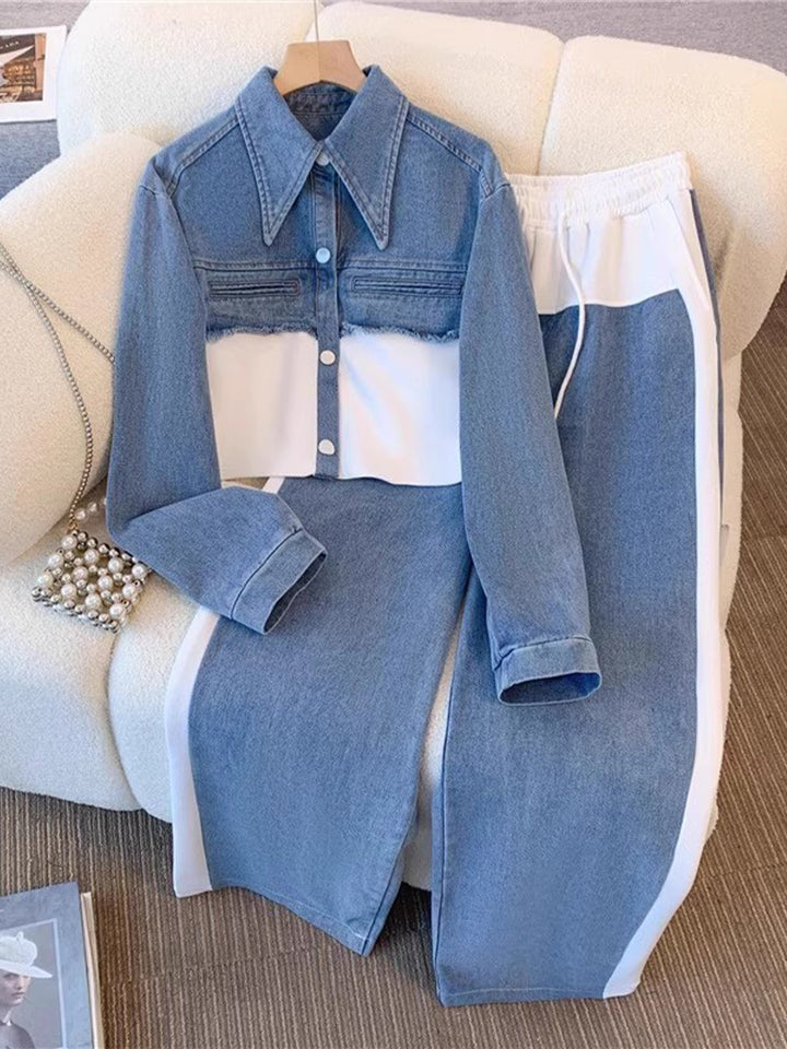 Natalie - Color-Block Cropped Jacket &amp; Wide-Leg Pants Set