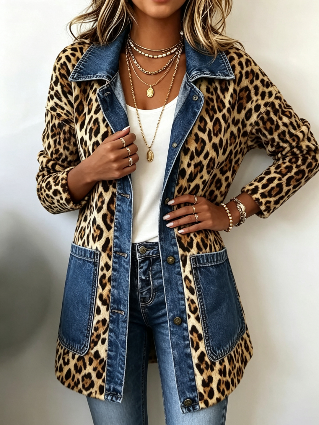 Nora - Leopard Print Denim Panel Contrast Longline Jacket