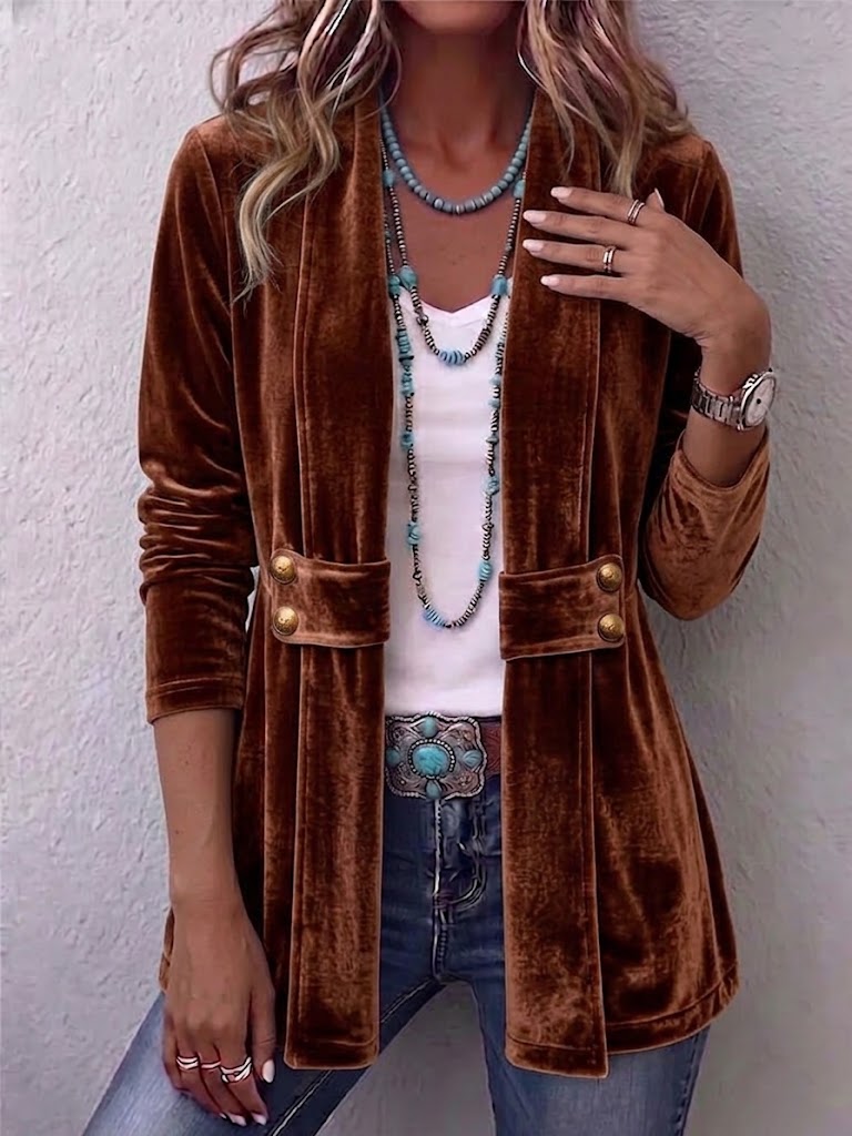 Avery - Vintage Lapel Button-Accent Long Sleeve Open Front Jacket