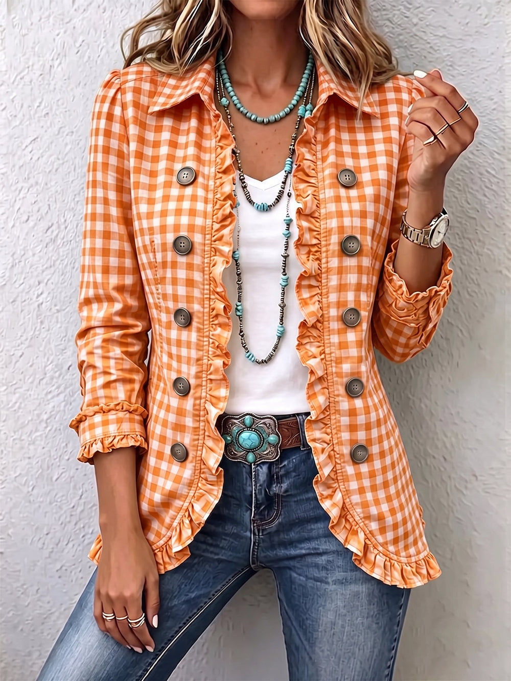 Evelyn - Gingham Ruffled Button-Down Jacket