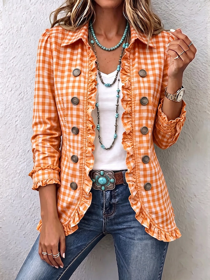 Evelyn - Gingham Ruffled Button-Down Jacket
