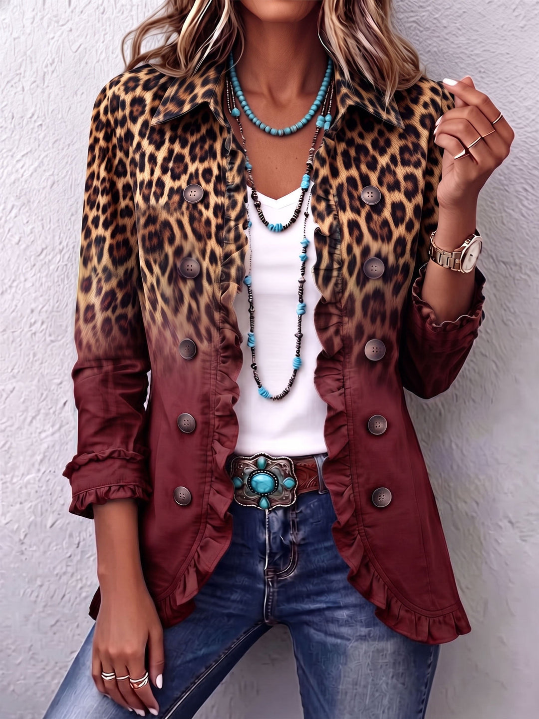 Emma - Leopard Ombre Ruffle Blazer Jacket
