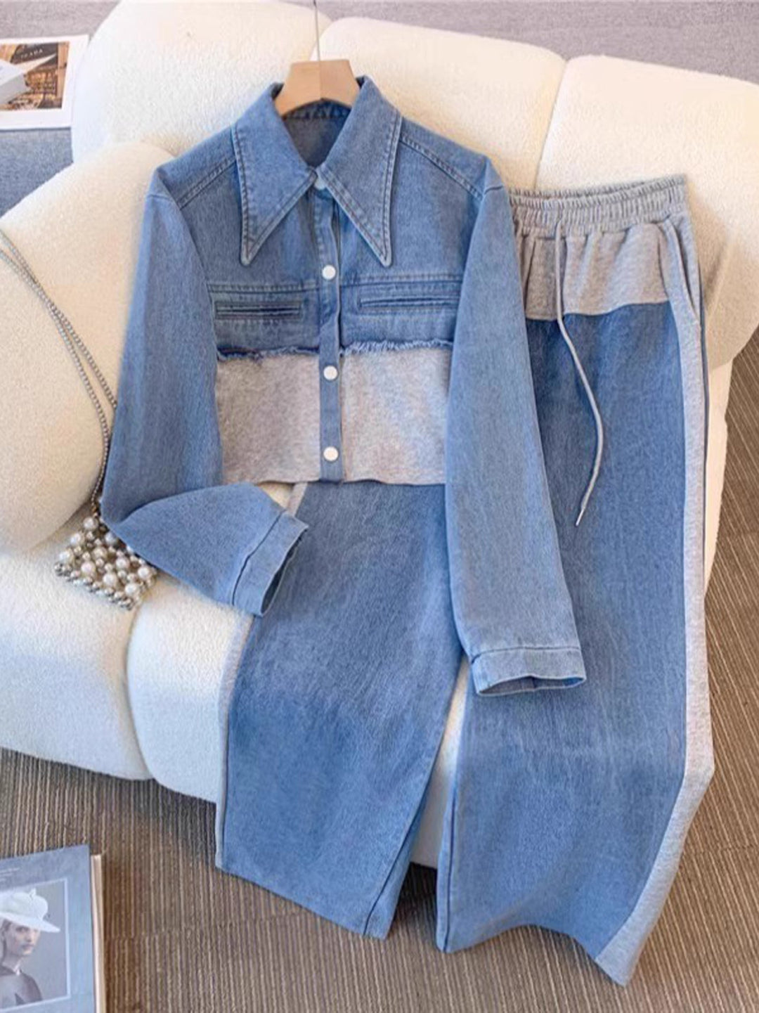 Natalie - Color-Block Cropped Jacket &amp; Wide-Leg Pants Set
