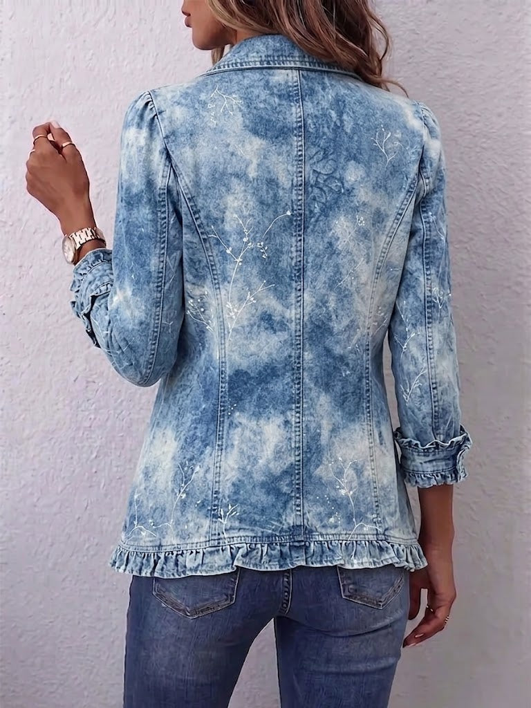 Sofia - Boho-Style Gradient Vintage Botanical Print Ruffle-Detail Jacket