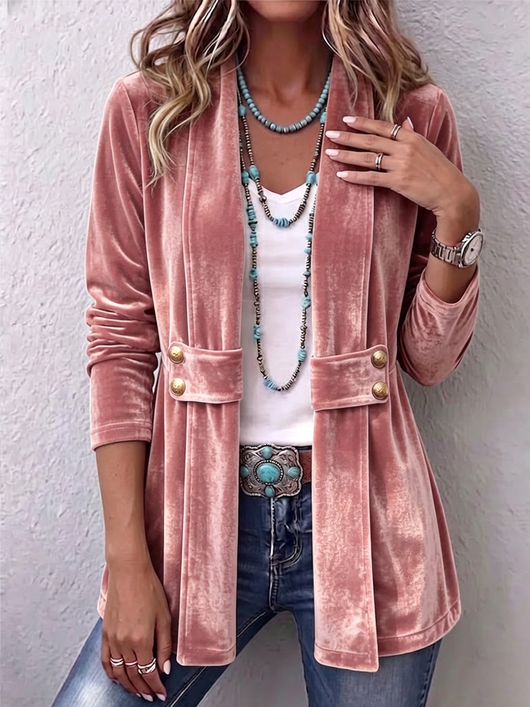 Avery - Vintage Lapel Button-Accent Long Sleeve Open Front Jacket