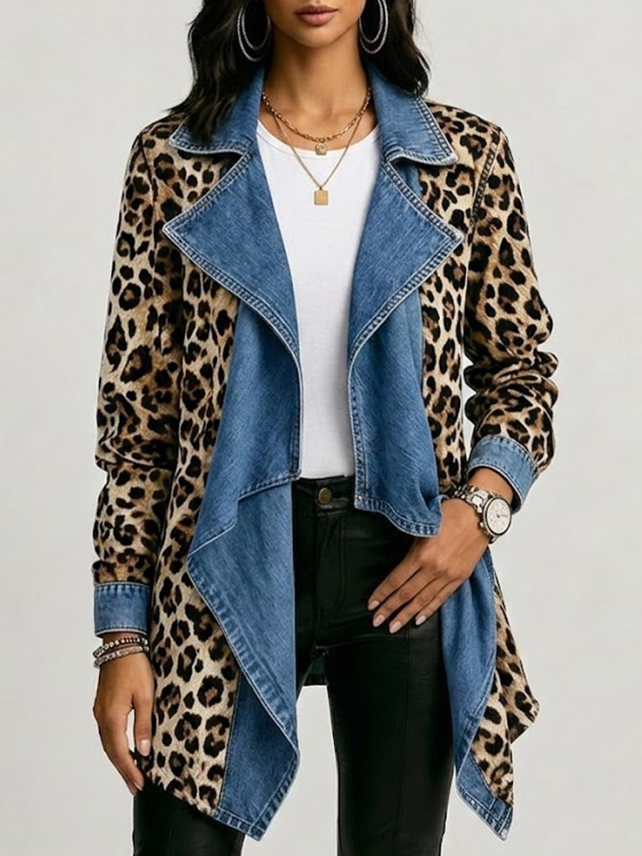 Victoria - Leopard Print &amp; Washed Denim Paneled Mid-Length Jacket