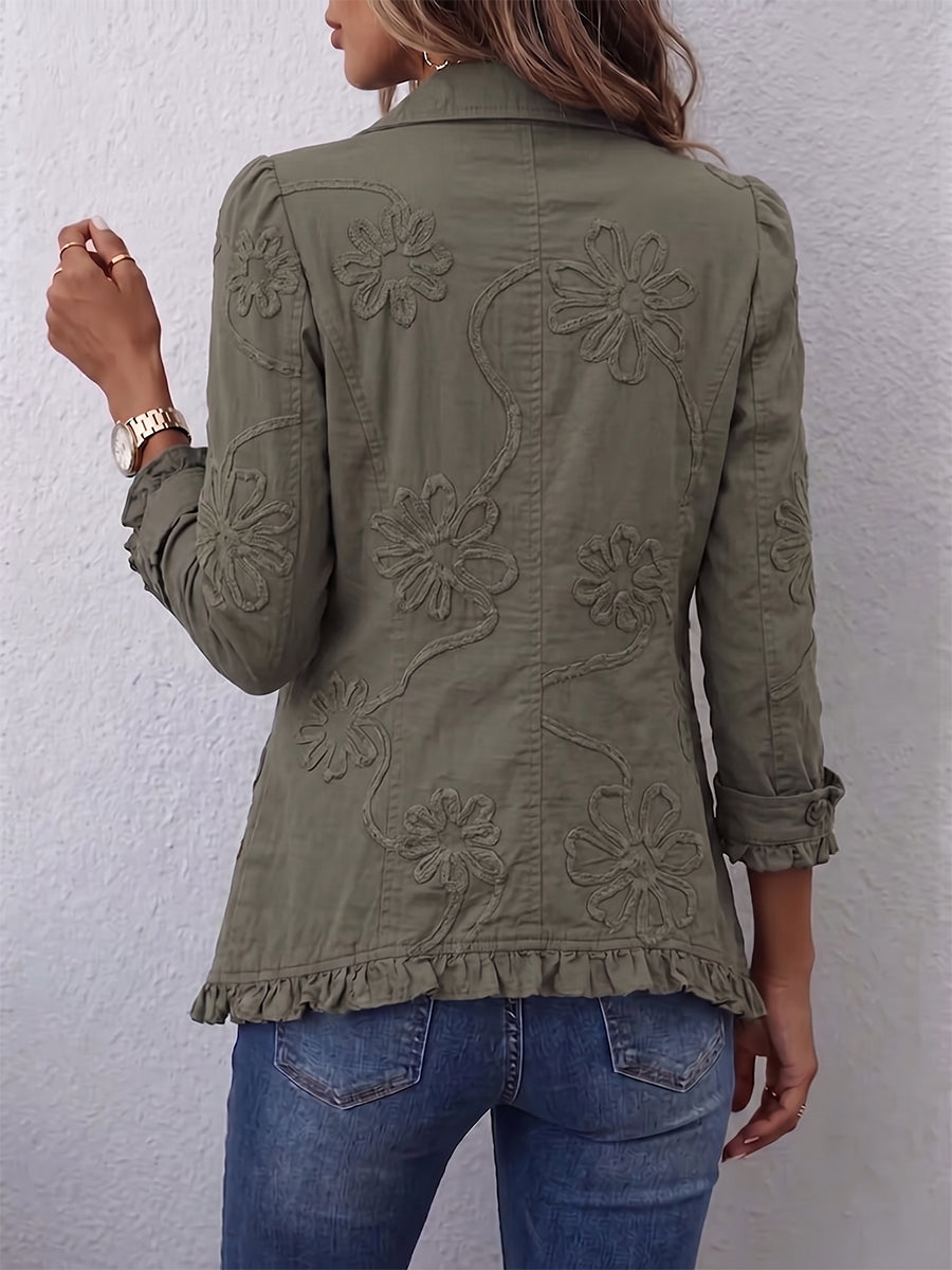 Olivia - Boho-Chic Floral Embroidered Utility Ruffled Trim Jacket