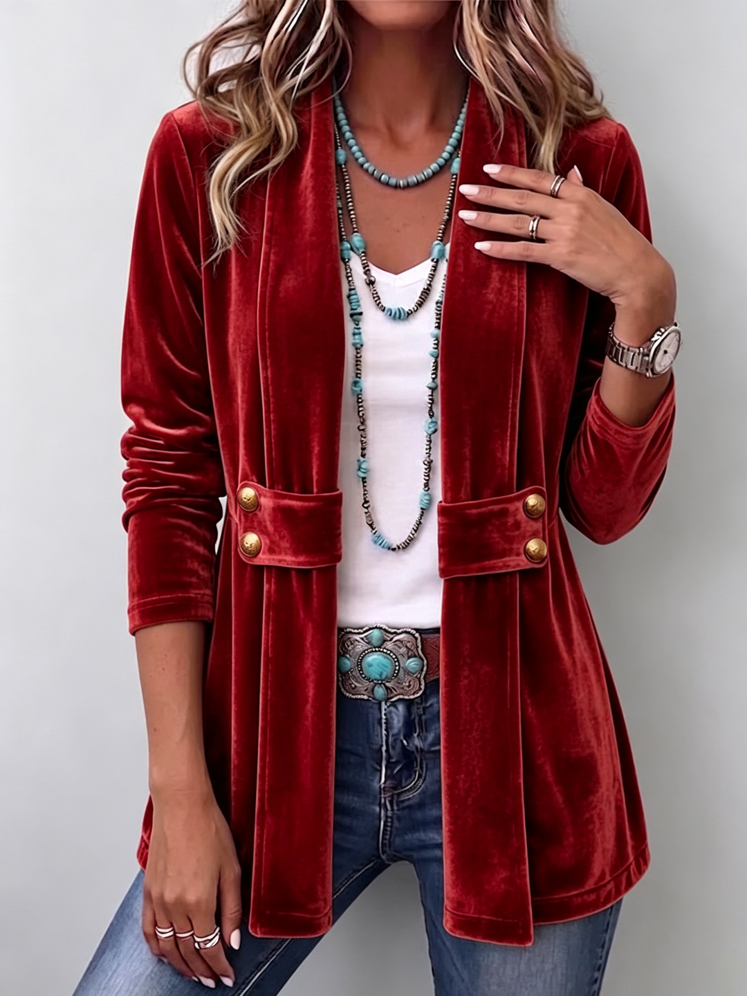Avery - Vintage Lapel Button-Accent Long Sleeve Open Front Jacket