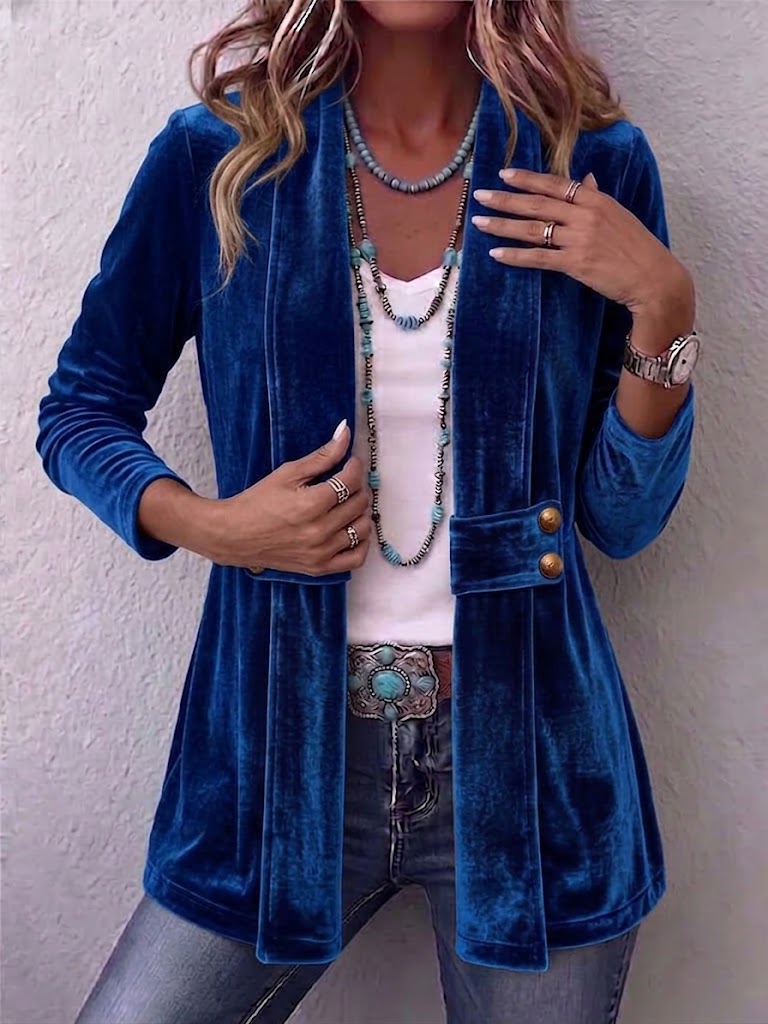 Avery - Vintage Lapel Button-Accent Long Sleeve Open Front Jacket