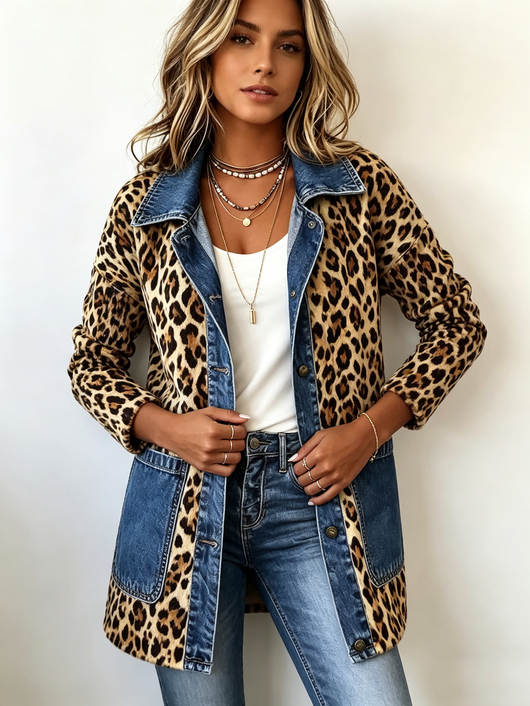 Nora - Leopard Print Denim Panel Contrast Longline Jacket