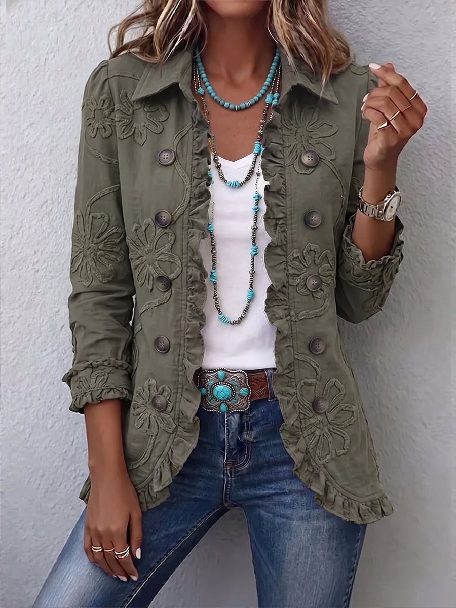 Olivia - Boho-Chic Floral Embroidered Utility Ruffled Trim Jacket