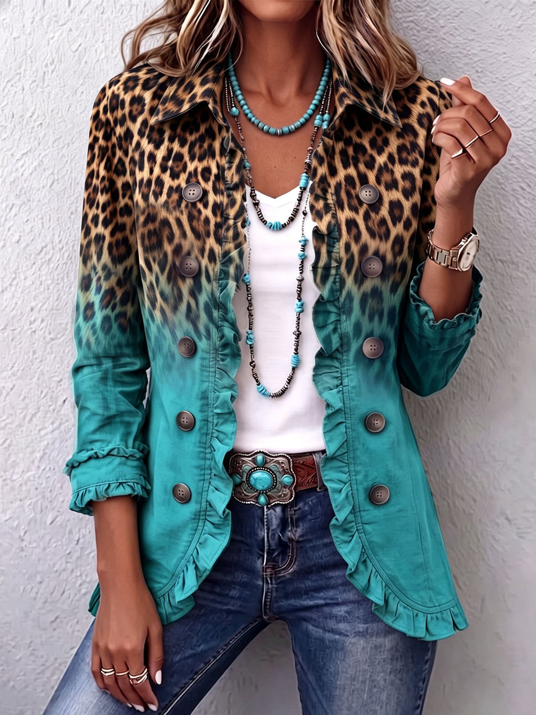 Emma - Leopard Ombre Ruffle Blazer Jacket