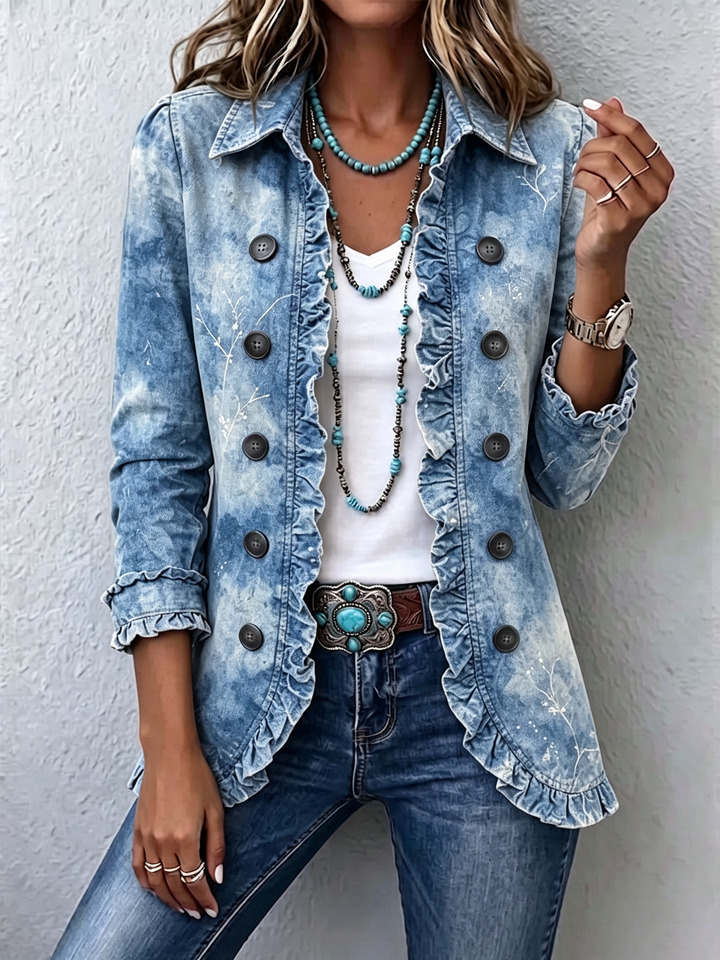 Sofia - Boho-Style Gradient Vintage Botanical Print Ruffle-Detail Jacket