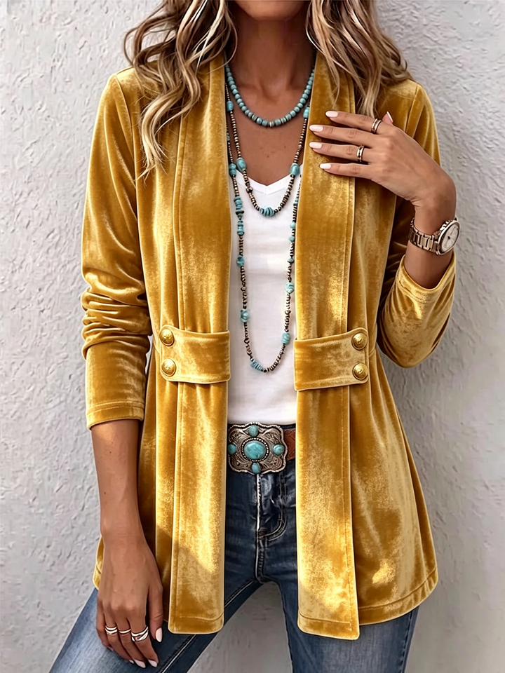 Avery - Vintage Lapel Button-Accent Long Sleeve Open Front Jacket