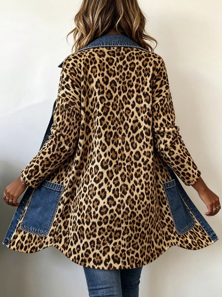 Nora - Leopard Print Denim Panel Contrast Longline Jacket