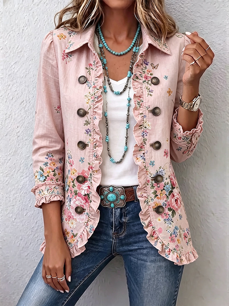 Ella - Floral Ruffle Button-Front Jacket