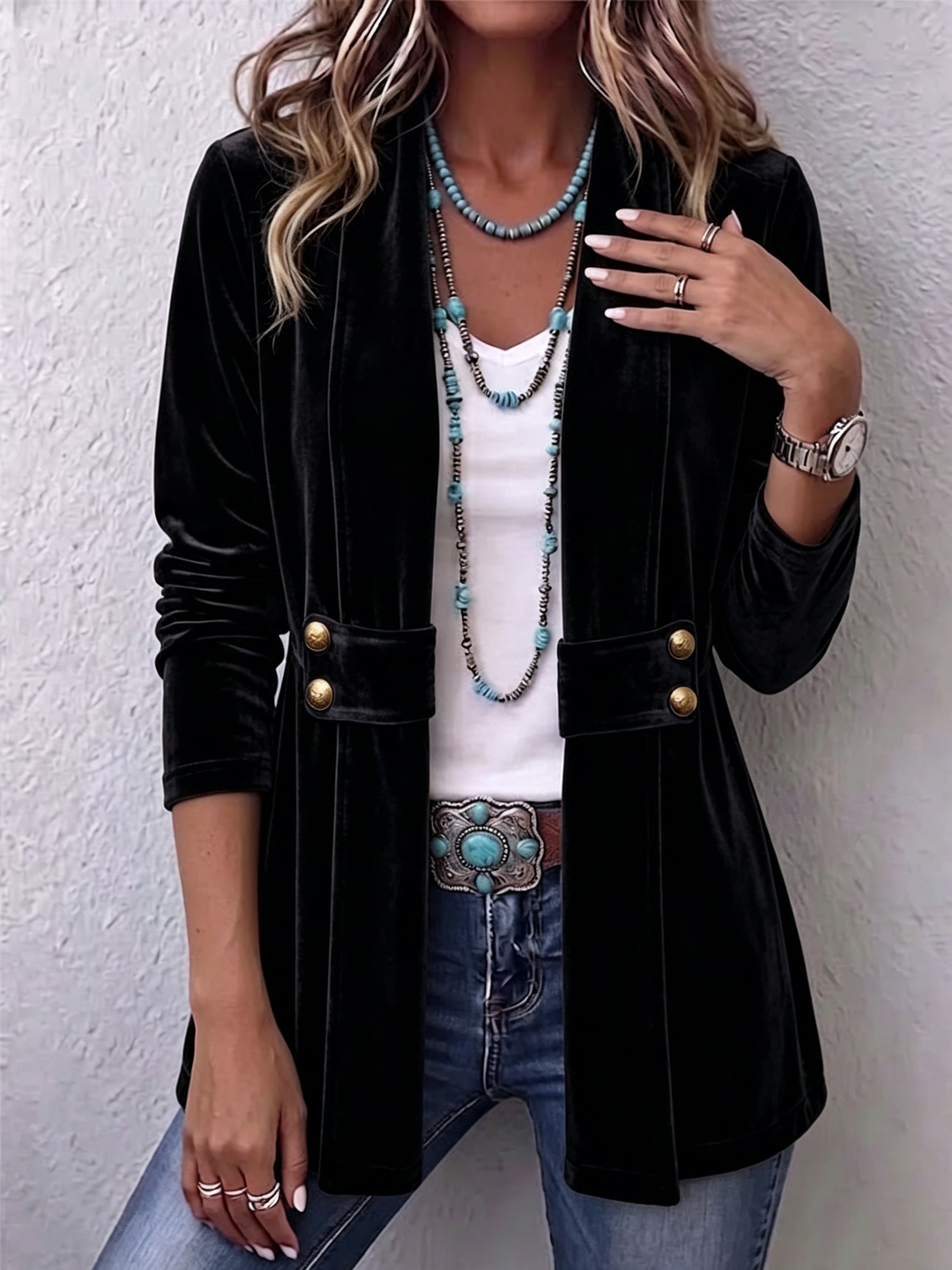 Avery - Vintage Lapel Button-Accent Long Sleeve Open Front Jacket