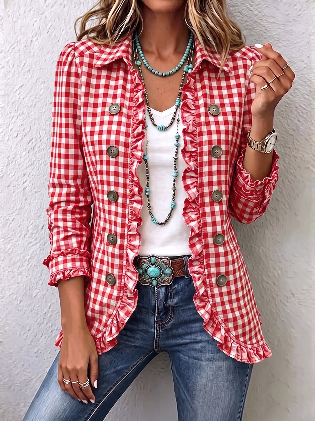 Evelyn - Gingham Ruffled Button-Down Jacket