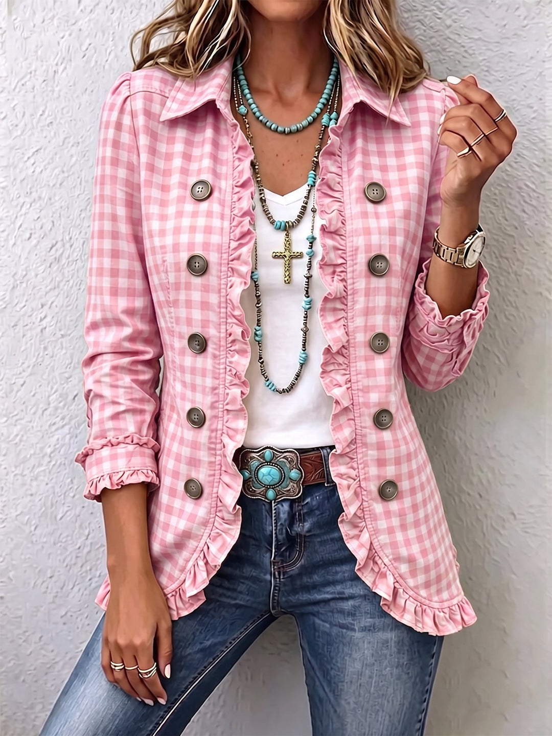 Evelyn - Gingham Ruffled Button-Down Jacket
