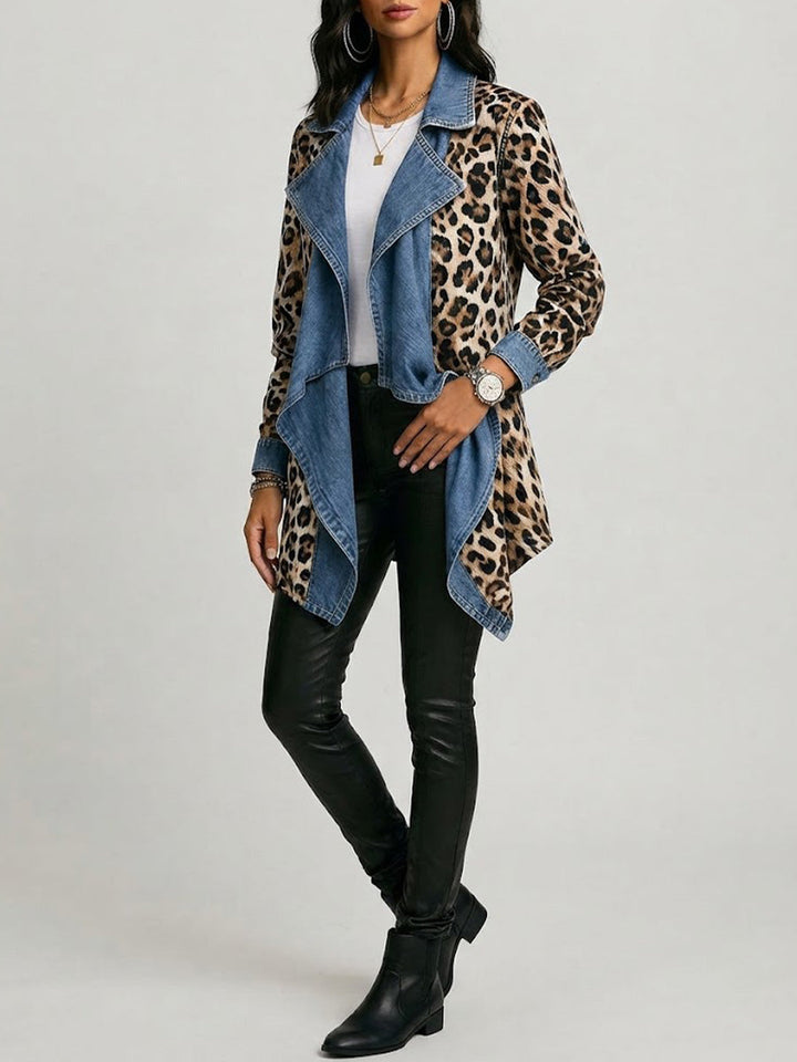 Victoria - Leopard Print &amp; Washed Denim Paneled Mid-Length Jacket