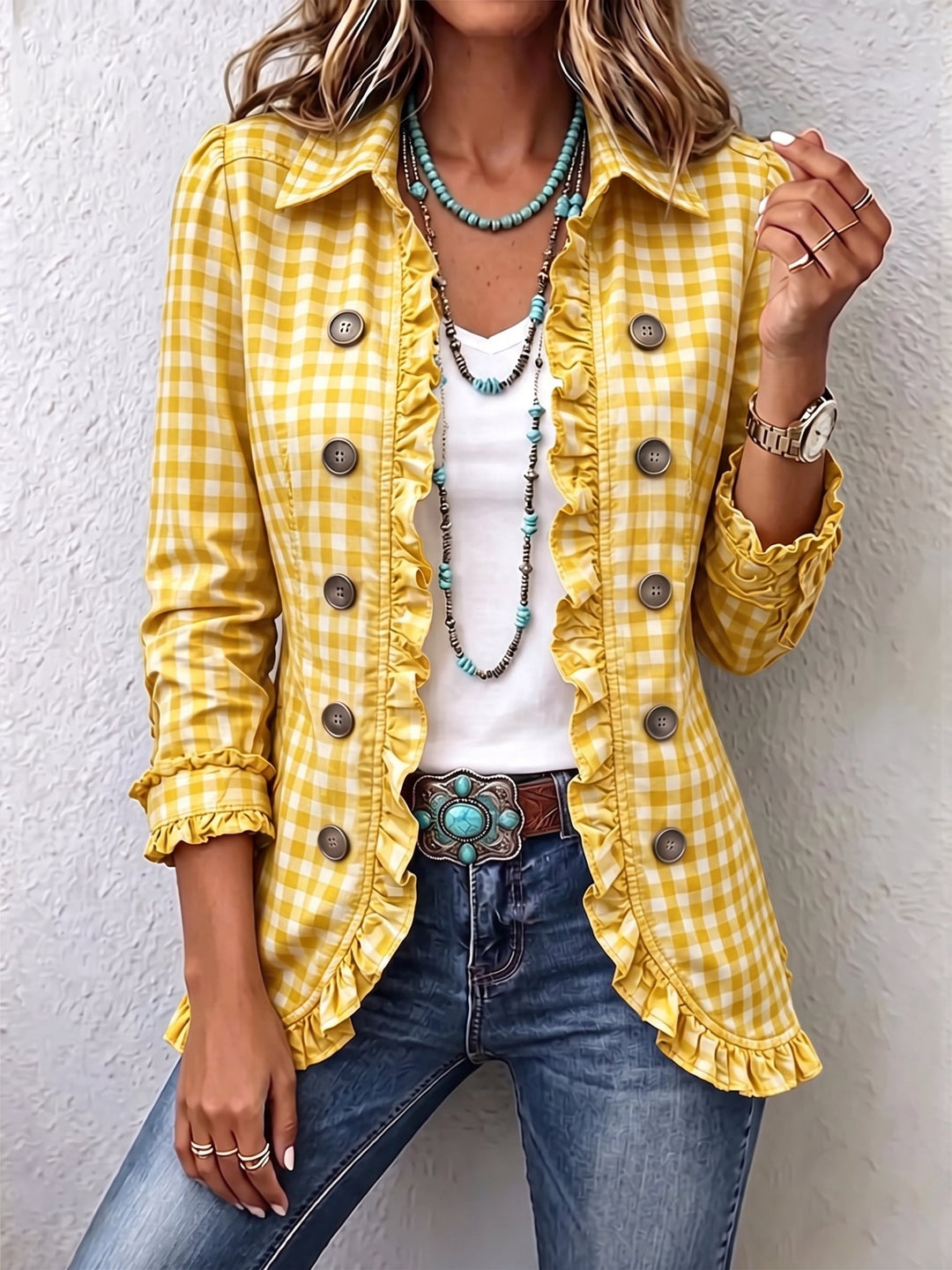 Evelyn - Gingham Ruffled Button-Down Jacket