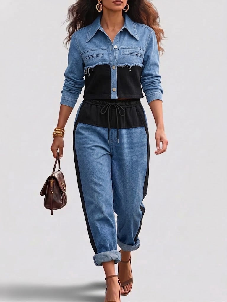 Natalie - Color-Block Cropped Jacket & Wide-Leg Pants Set