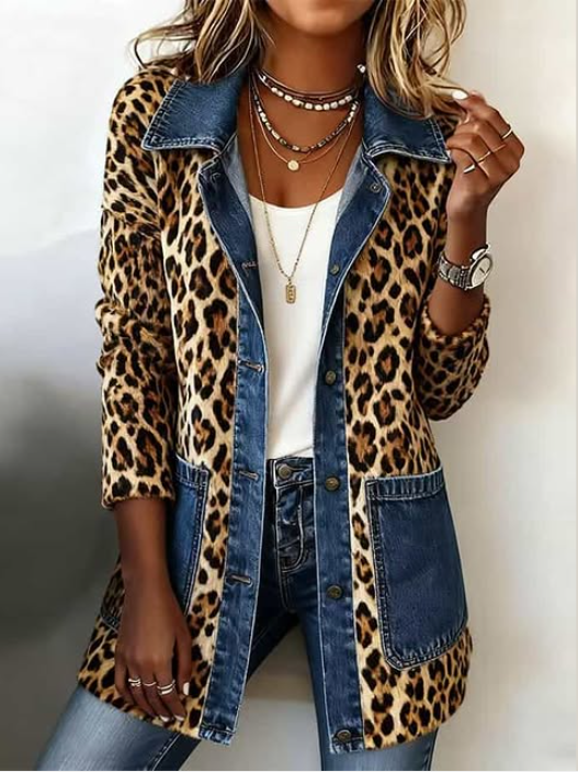 Nora - Leopard Print Denim Panel Contrast Longline Jacket
