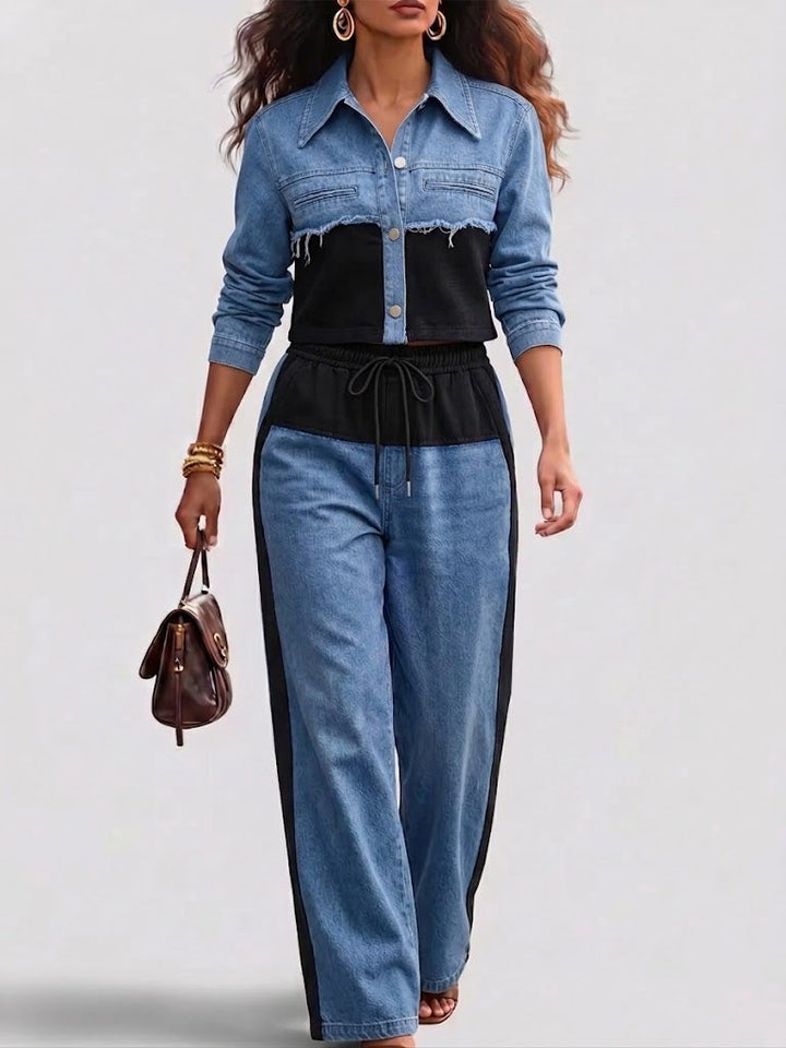 Natalie - Color-Block Cropped Jacket &amp; Wide-Leg Pants Set