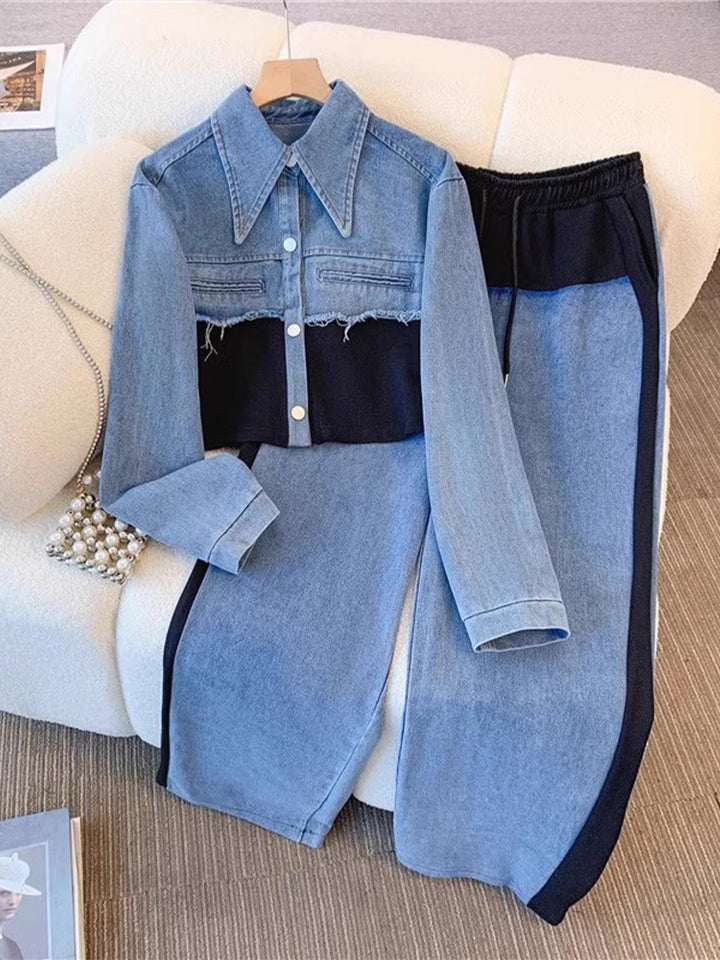Natalie - Color-Block Cropped Jacket &amp; Wide-Leg Pants Set