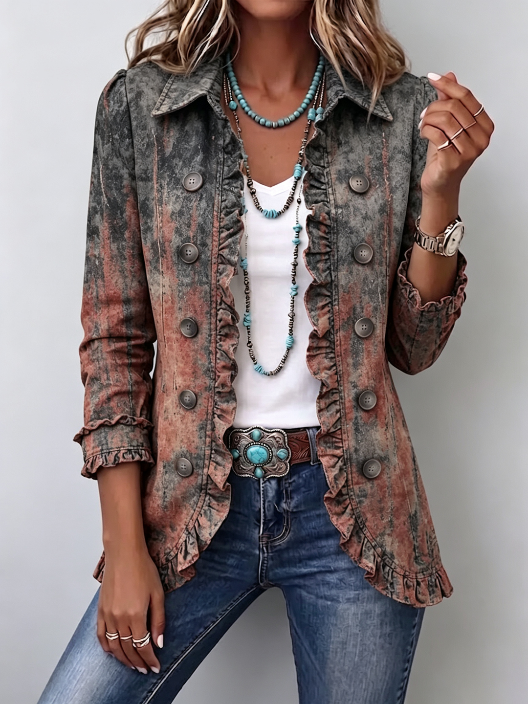Zoey - Vintage Gradient Textured Print Ruffle Jacket