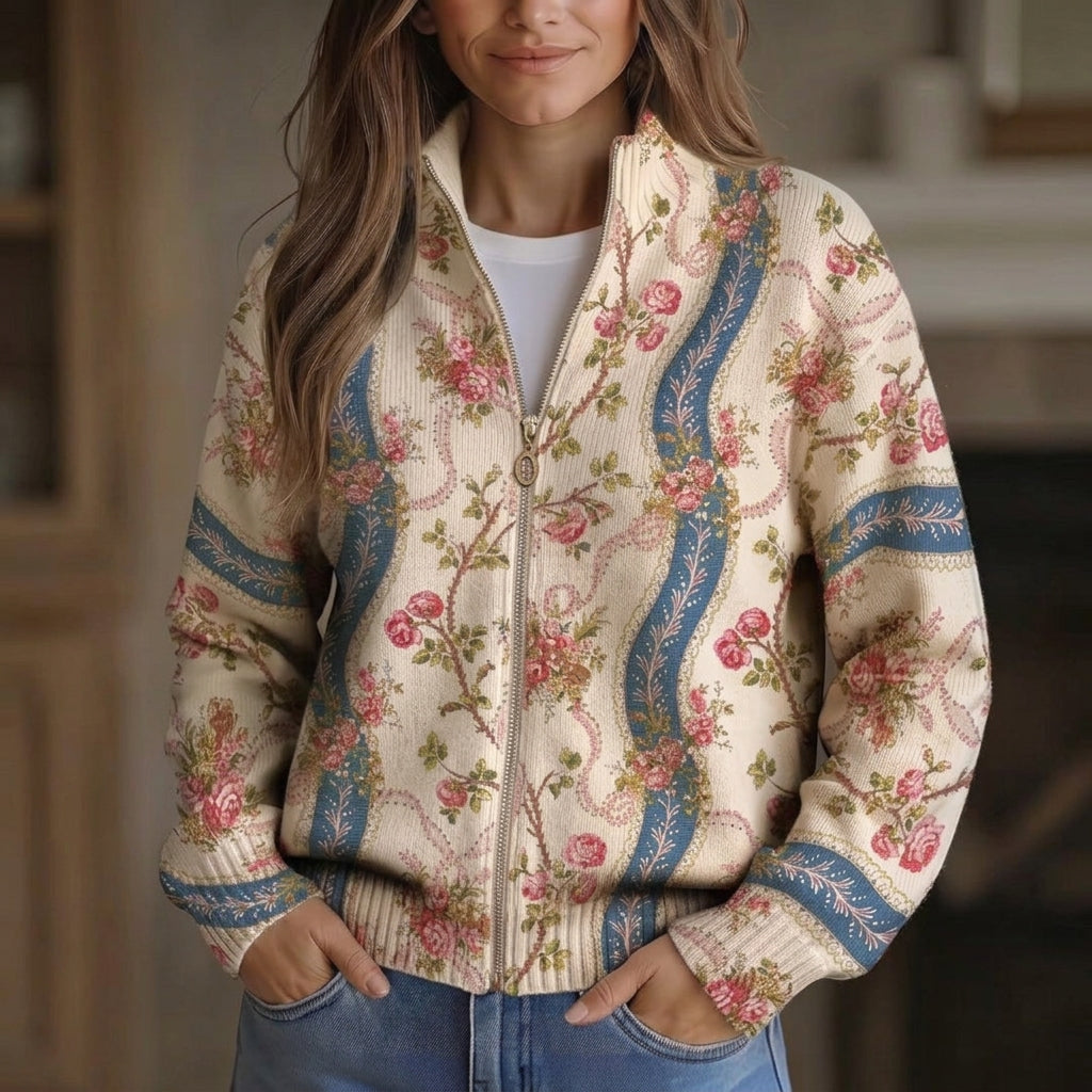 Camila - Climbing Rose Ribbon Zip Cardigan - Product Photo