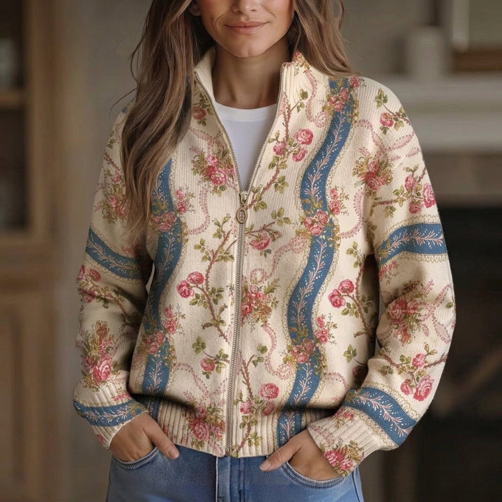 Camila - Climbing Rose Ribbon Zip Cardigan - Product Photo
