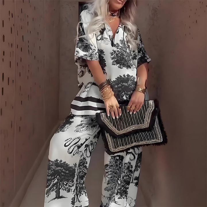Linette Printed V-Neck Top &amp;amp; Long Trousers